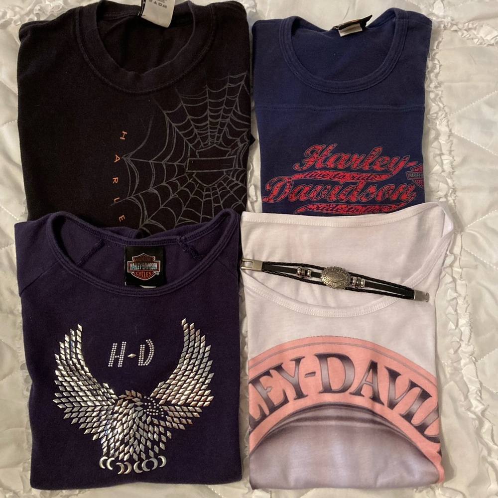 Four Ladies Harley Davidson T-Shirts with one Harley Davidson Bracelet